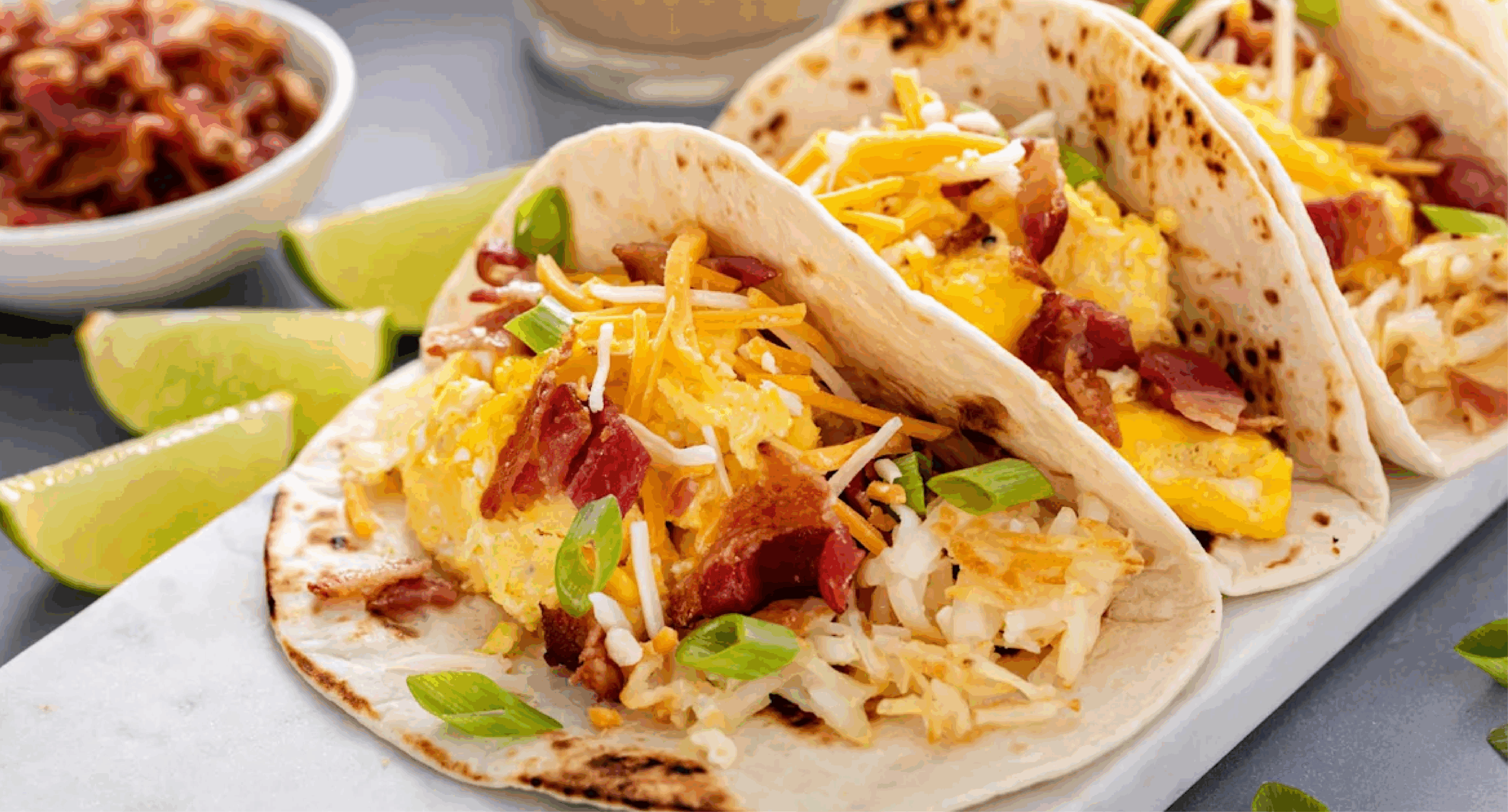  Tacos de Desayuno con Huevo, Queso y Tocineta