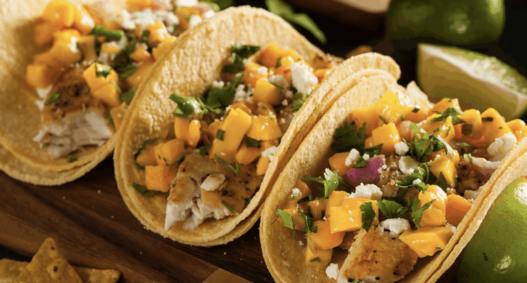 Tacos de Pescado con Repollo y Salsa de Mangó
