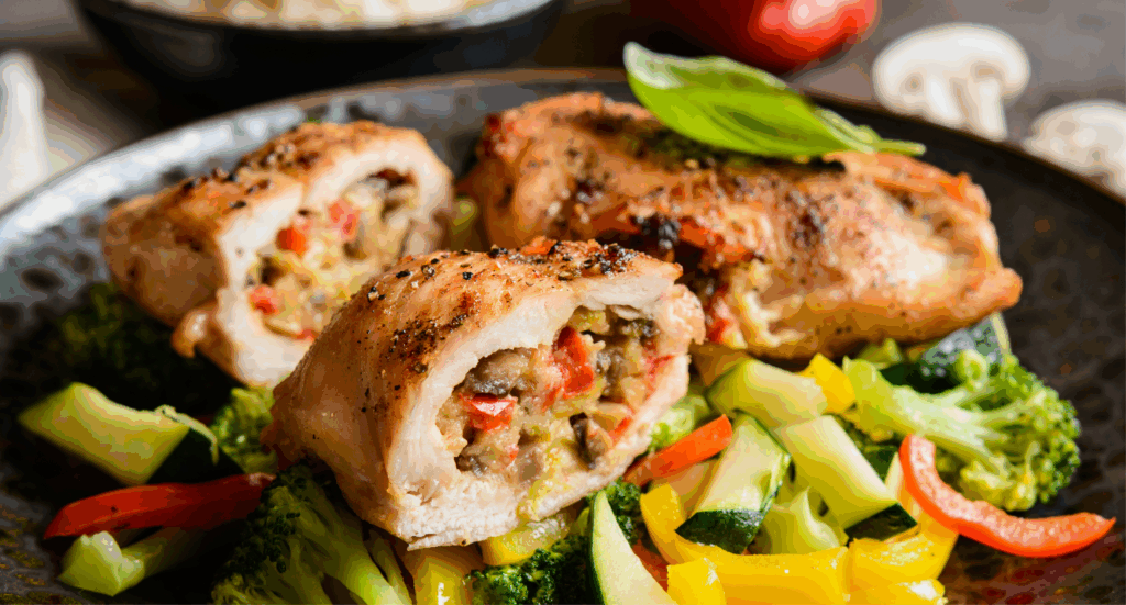 Pechuga de pavo rellena de amarillos, queso y salsa de guayaba