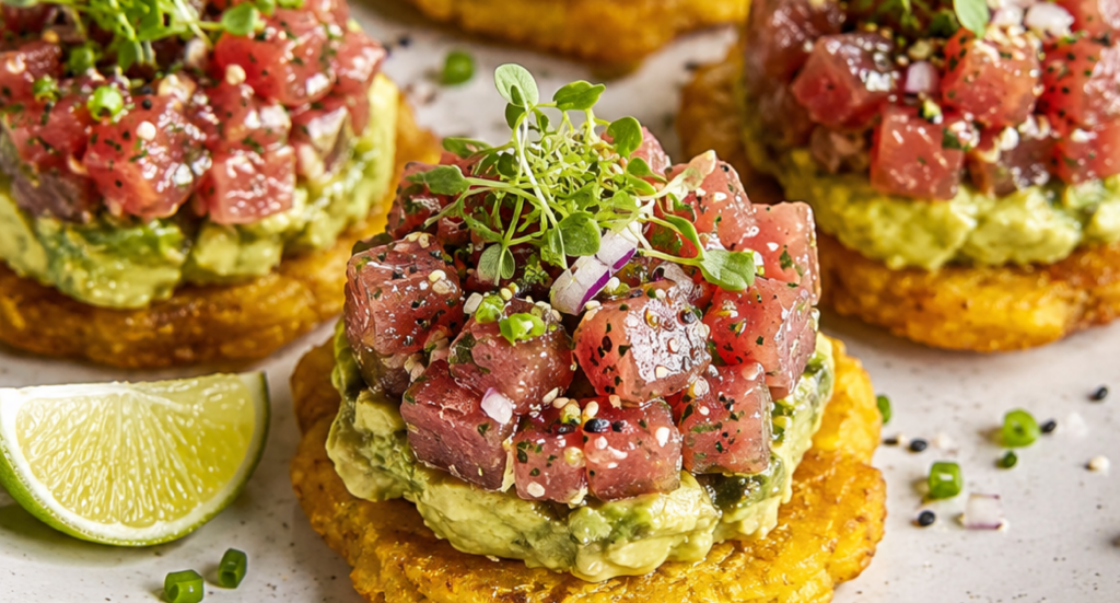  Tostones con tartar de atún y aguacate